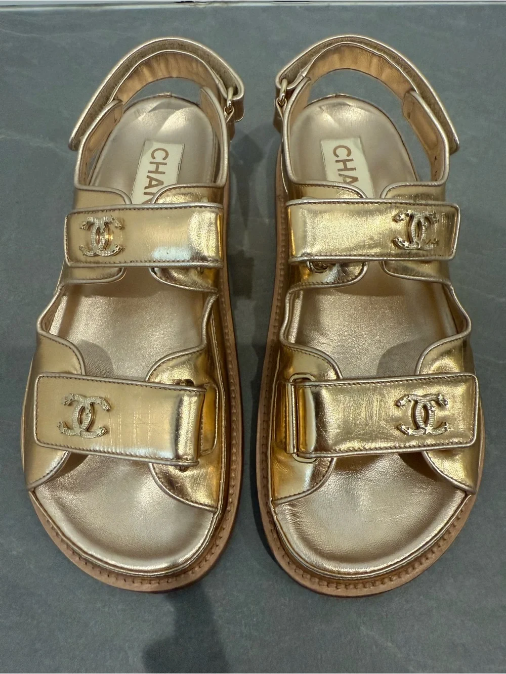 CHANEL Metallic Gold Velcro Logo Sandals